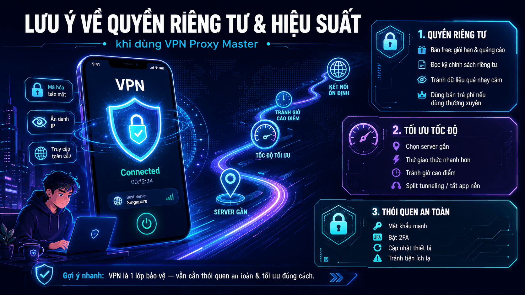 Lưu &yacute; về quyền ri&ecirc;ng tư v&agrave; hiệu suất khi d&ugrave;ng VPN Proxy Master